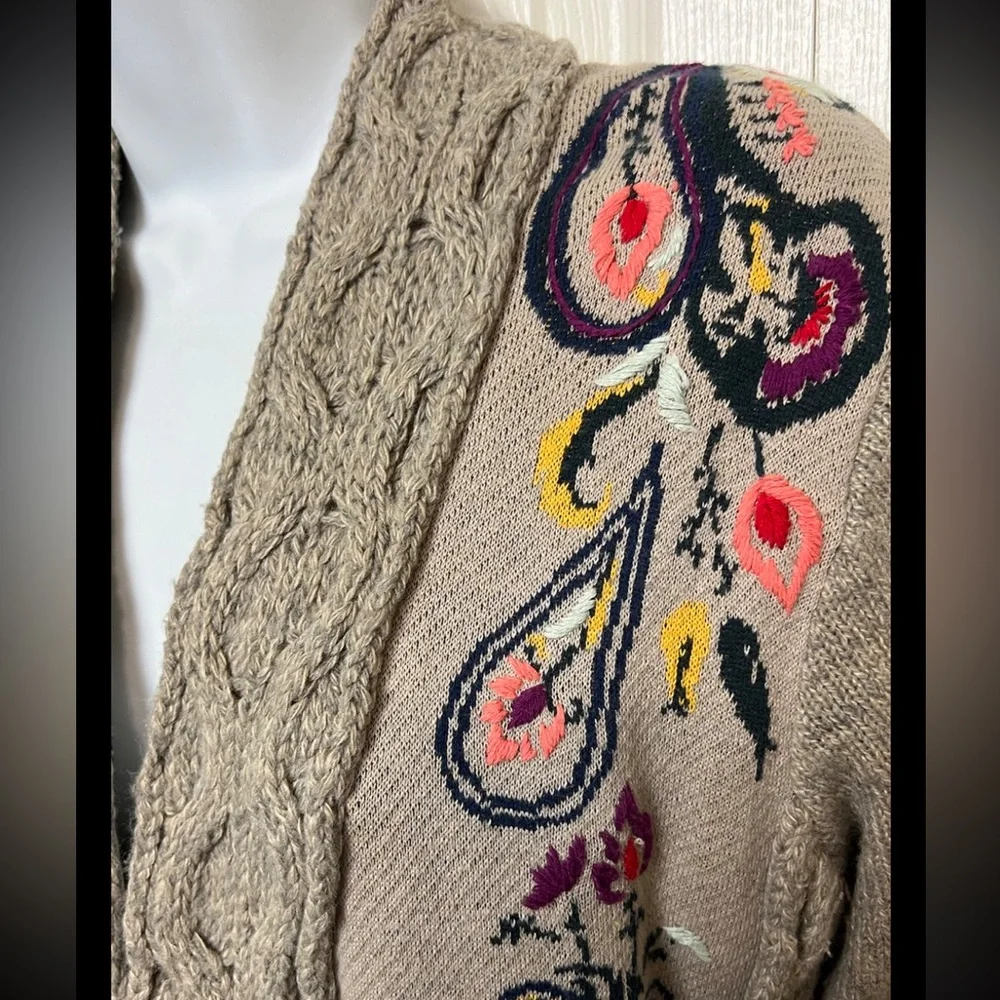 Anthropologie SLEEPING ON SNOW Folklore Cardigan Sweater Embroidered Fringe Boho
